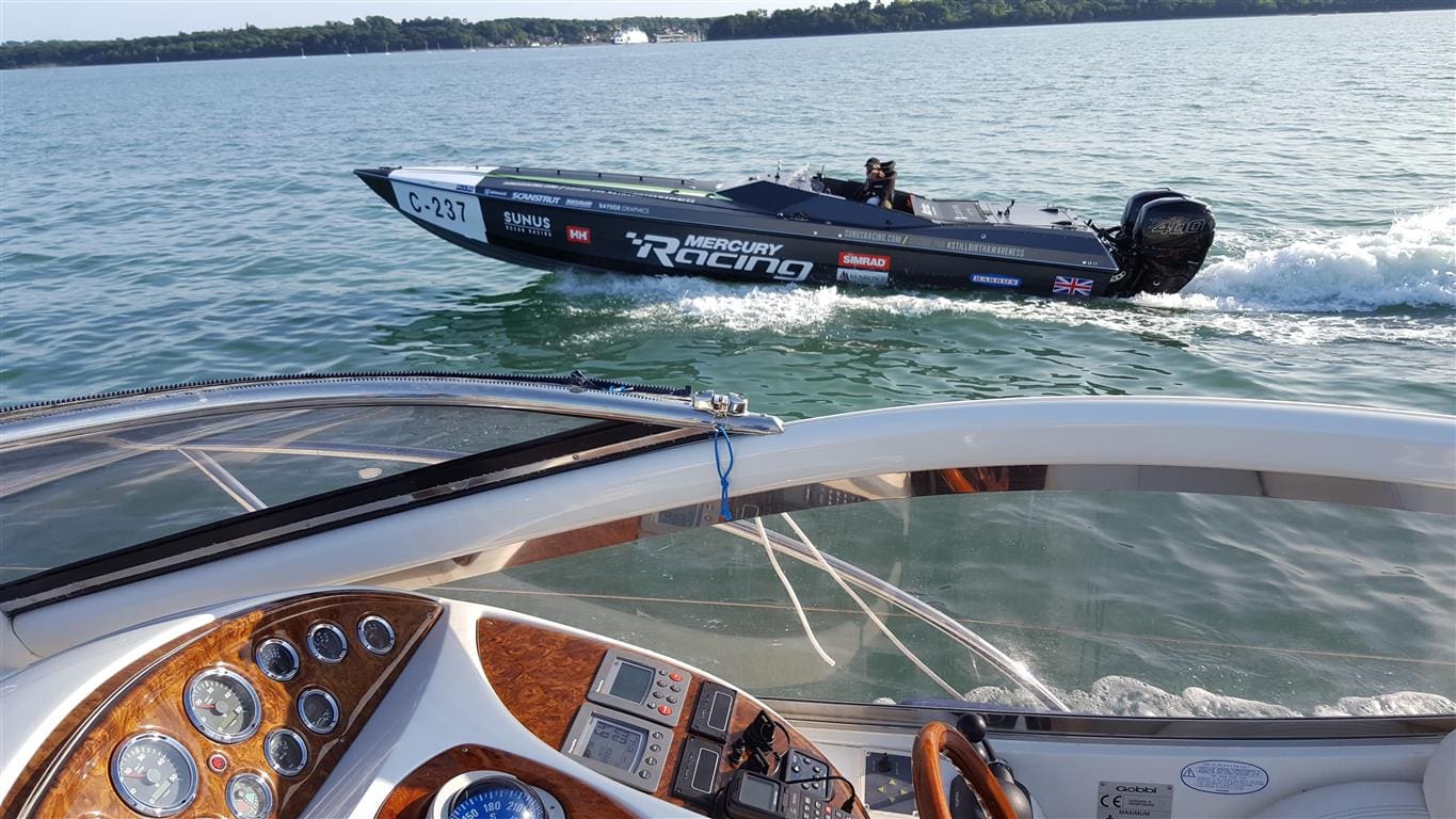 C237 from on board Allegro before the Cowes Torquay powerboat races with SUNUS Ocean Racing