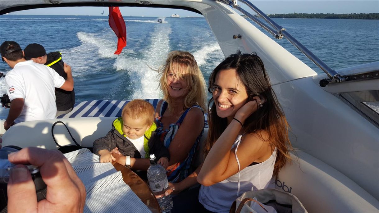 Guests on board Allegro during the Cowes Torquay powerboat races with SUNUS Ocean Racing