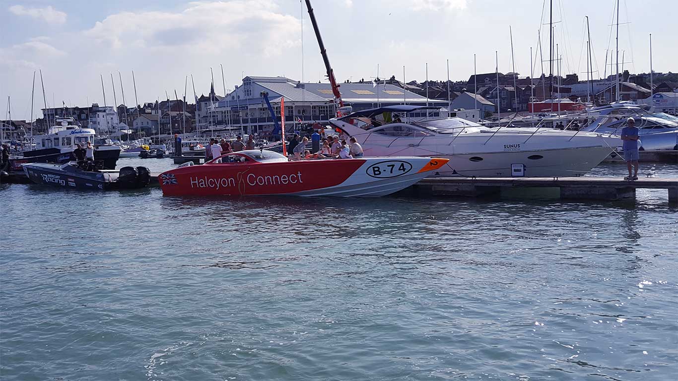 Allegro behind 2017 Cowes Torquaypowerboat race winners Halcyon connect and SUNUS Ocean Racing C237